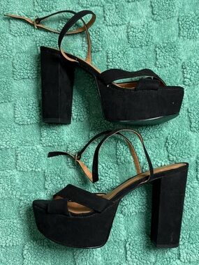 Women’s Black Platform Block Heel Sandals with Ankle Strap